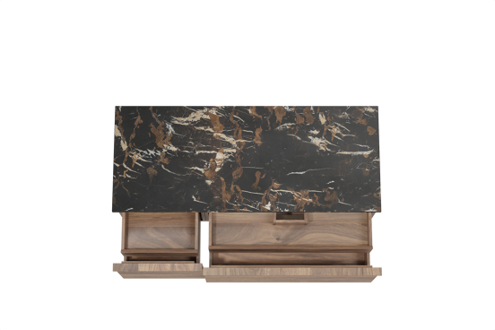 Balmani Forma meuble salle de bains suspendu 135 x 55 cm noyer américain avec Stretto tablette simple ou double en marbre portoro gold, Nervure droite symétrique horizontale