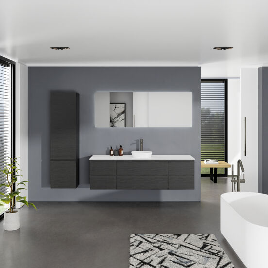 Balmani Lucida zwevend badmeubel 180 x 55 cm zwart eiken met Stretto enkel of dubbel wastafelblad in solid surface mat wit