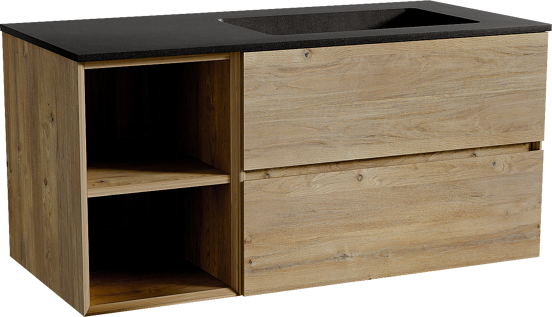 Storke Edge zwevend badmeubel 110 x 52 cm ruw eiken met Scuro asymmetrisch rechtse wastafel in kwarts mat zwart