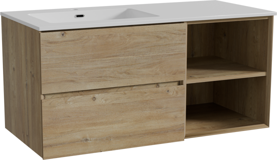 Storke Edge zwevend badmeubel 110 x 52 cm ruw eiken met Diva asymmetrisch linkse wastafel in composietmarmer hoogglans wit