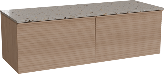 Balmani Forma hängendes Möbelstück Set: 150 x 55 cm, Naturbelassene Eiche, mit Stretto Einzel- oder Doppel Waschtischplatte, Terrazzo in Greige, Horizontale symmetrische gerade Rippe