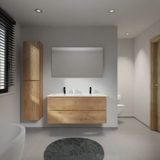 Linie Lado meuble salle de bains suspendu 120 x 46 cm chêne naturel avec Vano double vasque en marbre composite blanc brillant