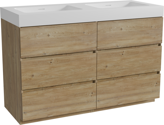 Storke Edge staand badmeubel 130 x 52 cm ruw eiken met Mata High dubbele wastafel in solid surface mat wit