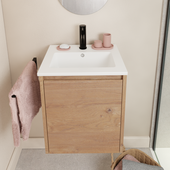 Storke Seda meuble salle de bains suspendu 45 x 35 cm chêne brut avec Diva plan simple en marbre composite blanc brillant