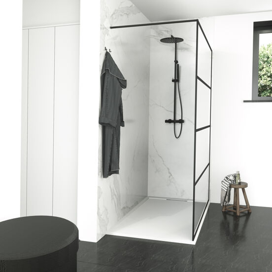 Balmani Framed douche à l'italienne 160 x 210 cm verre lined profil noir mat