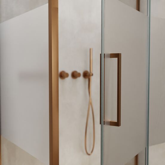 Balmani Senses Design douchecabine met rechtse draaideur en vaste zijwand, 100 x 90 cm, Helder glas met matte strook, Brushed Rosegold profielen, met coating