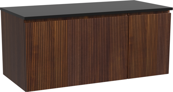 Storke Ribs zwevend badmeubel 110 x 52 cm notenhout met Panton enkel wastafelblad in gepoedercoate mdf mat zwart, Verticale symmetrische rechte ribbel