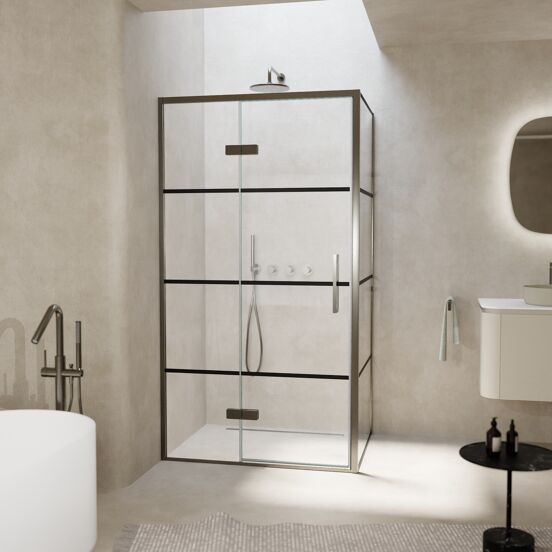 Balmani Senses Design douchehoek met linkse draaideur en vaste zijwand, 100 x 100 cm, Lined, Brushed GunMetal profielen