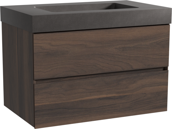 Storke Edge meuble salle de bains suspendu 85 x 52 cm noyer avec Scuro High plan simple en quartz noir mat