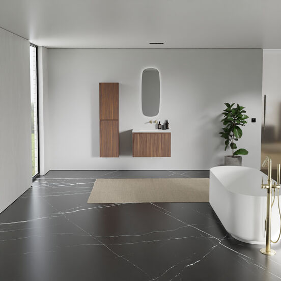 Balmani Sfera hängendes Möbelstück Set: 75 x 55 cm, Amerikanischer Nussbaum, mit Tablo Arcato Einzelwaschtisch, Solid Surface Weiß matt