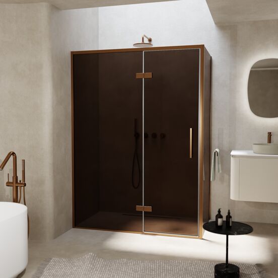 Balmani Senses Design douchehoek met linkse draaideur en vaste zijwand, 140 x 100 cm, Brons, Brushed Rosegold profielen, met coating