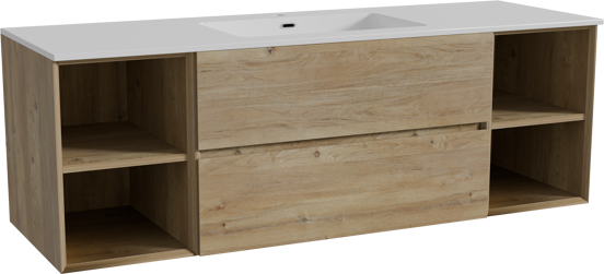 Storke Edge zwevend badmeubel 155 x 52 cm ruw eiken met Diva enkele wastafel in composietmarmer hoogglans wit