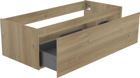 Storke Edge zwevende wastafelonderkast 120 x 52 cm ruw eiken 1 lade 2 sifonuitsparingen