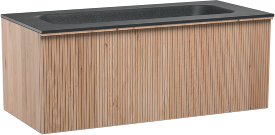 Balmani Forma zwevend badkamermeubel 120 x 55 cm natuur eik met Tablo Arcato enkele wastafel voor 2 kraangaten in graniet zwart, Verticale symmetrische rechte ribbel