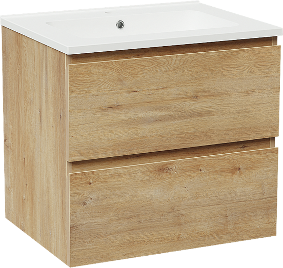 Linie Lado zwevend badmeubel 60 x 46 cm naturel eiken met Vano enkele wastafel in composietmarmer mat wit