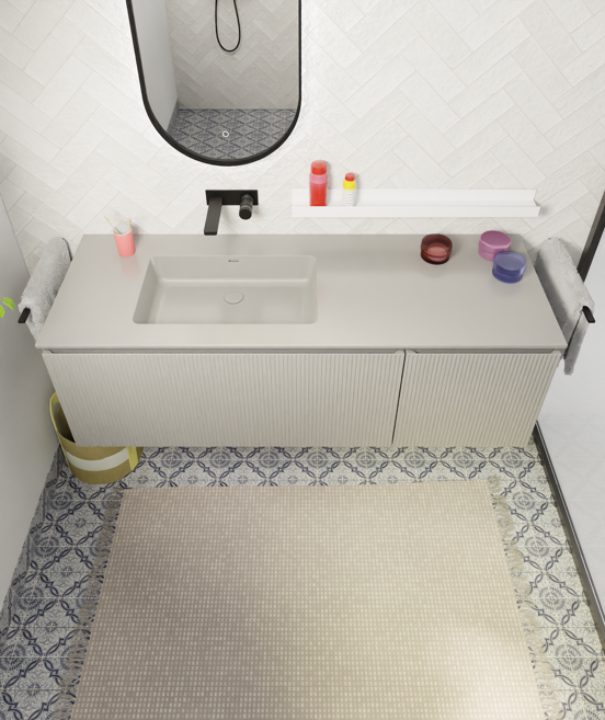 Storke Diva asymmetrisch linkse wastafel mat zijdegrijze top solid 150 x 52 cm