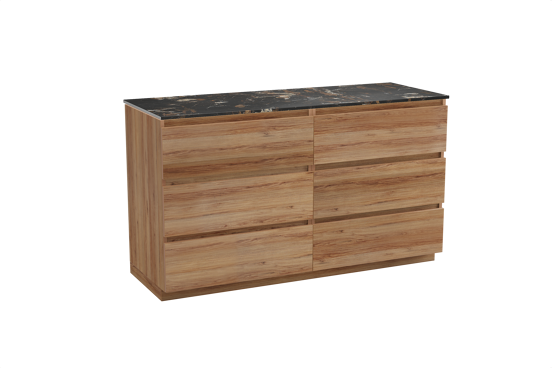 Balmani Lucida staand badkamermeubel 150 x 55 cm teak met Stretto enkel of dubbel tablet in marmer portoro gold