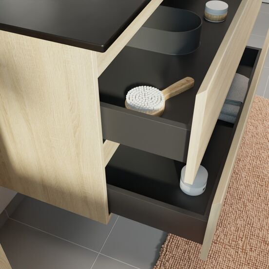 Linie Lado meuble salle de bains suspendu 80 x 46 cm chêne blanc avec Baro plan simple en porcelaine noir mat