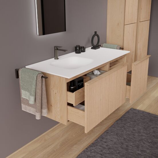 Balmani Forma hängendes Möbelstück Set: 120 x 55 cm, Naturbelassene Eiche, mit Tablo Arcato Waschtisch links, Solid Surface, Weiß matt, Vertikale asymmetrische Runde Rippe