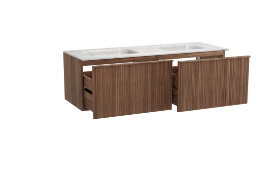 Balmani Forma zwevend badkamermeubel 150 x 55 cm amerikaanse notelaar met Tablo Arcato dubbele wastafel in marmer carrara, Verticale asymmetrische ronde ribbel