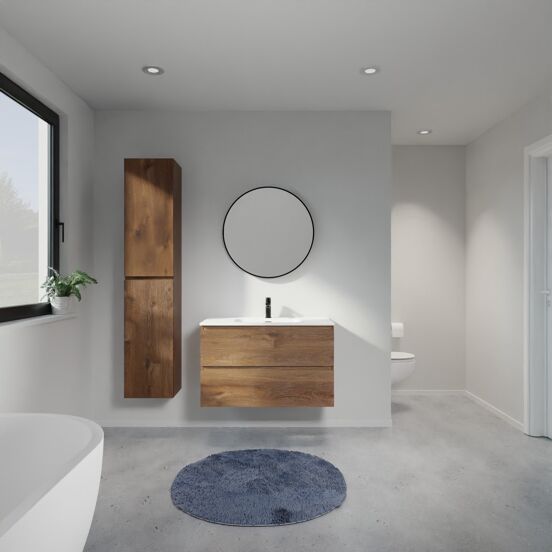 Linie Lado meuble salle de bains suspendu 90 x 46 cm chêne brun avec Baro plan simple en porcelaine blanc mat