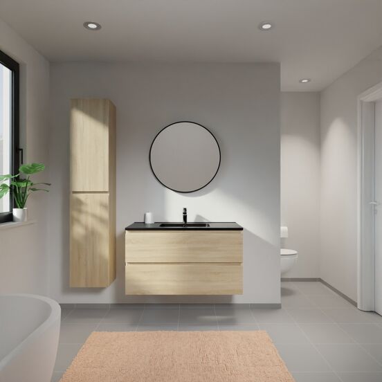 Linie Lado zwevend badmeubel 100 x 46 cm wit eiken met Vano enkele wastafel in composietmarmer mat zwart