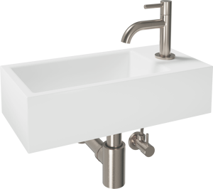 Luca Varess Cubic midi Lave-mains blanc brillant Porcelaine droite 40,5 x 20 cm avec robinet brushed coolmetal et fournitures