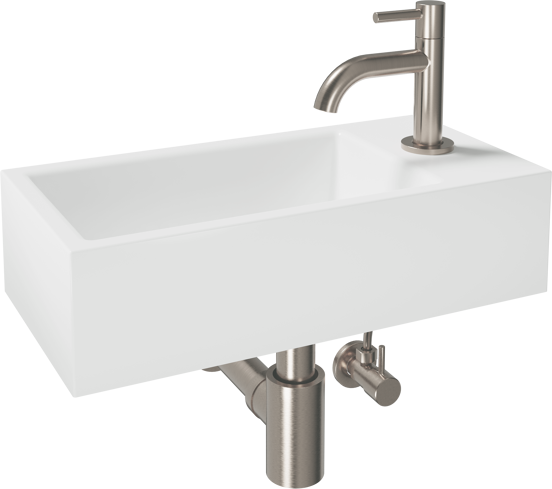 Luca Varess Cubic midi Lave-mains blanc brillant Porcelaine droite 40,5 x 20 cm avec robinet brushed coolmetal et fournitures