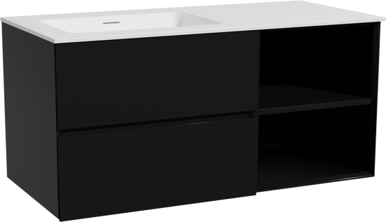 Storke Edge zwevend badmeubel 110 x 52 cm mat zwart met Mata asymmetrisch linkse wastafel in solid surface mat wit
