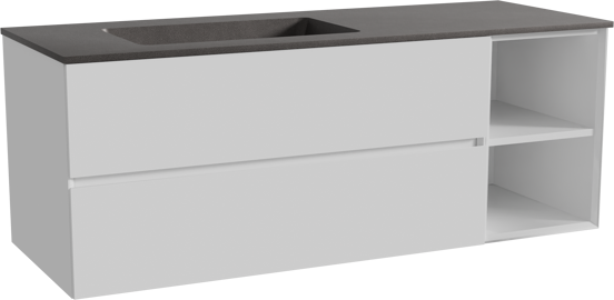 Storke Edge zwevend badmeubel 140 x 52 cm hoogglans wit met Scuro asymmetrisch linkse wastafel in kwarts mat zwart