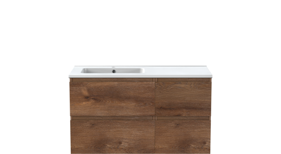 Linie Lado zwevend badmeubel 100 x 46 cm bruin eiken met Vano asymmetrisch linkse wastafel in composietmarmer hoogglans wit