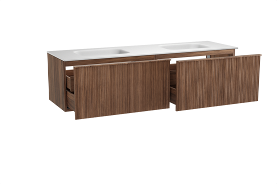 Balmani Forma zwevend badkamermeubel 180 x 55 cm amerikaanse notelaar met Tablo Arcato dubbele wastafel in solid surface mat wit, Verticale asymmetrische ronde ribbel