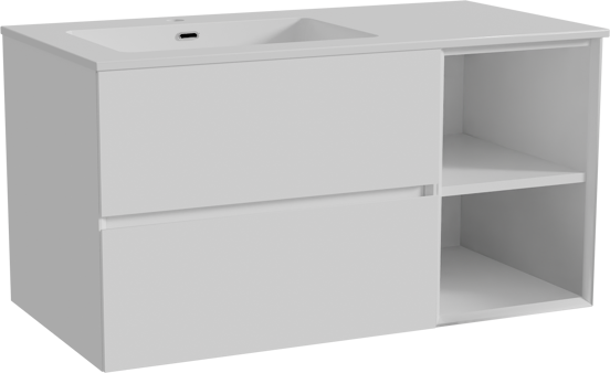 Storke Edge meuble salle de bains suspendu 100 x 52 cm blanc brillant avec Diva plan vasque asymétrique à gauche en marbre composite blanc brillant