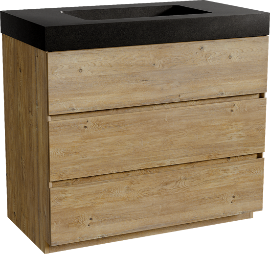 Storke Edge meuble salle de bains à poser 95 x 52 cm chêne brut avec Scuro High plan simple en quartz noir mat