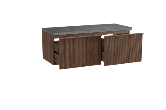 Balmani Forma hängendes Möbelstück Set: 135 x 55 cm, Amerikanischer Nussbaum, mit Rock Doppel Waschtischplatte, Granit, Schwarzes Granit, Vertikale symmetrische gerade Rippe