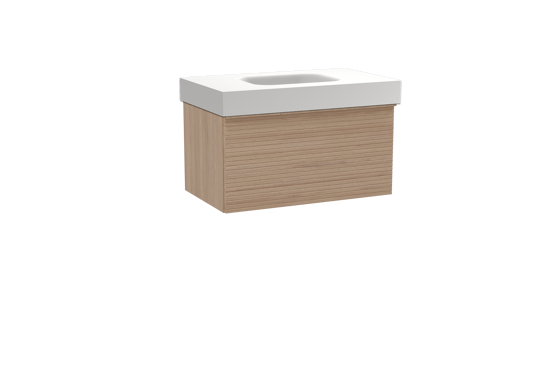 Balmani Forma zwevend badkamermeubel 90 x 55 cm natuur eik met Arcato enkele wastafel in solid surface mat wit, Horizontale symmetrische rechte ribbel
