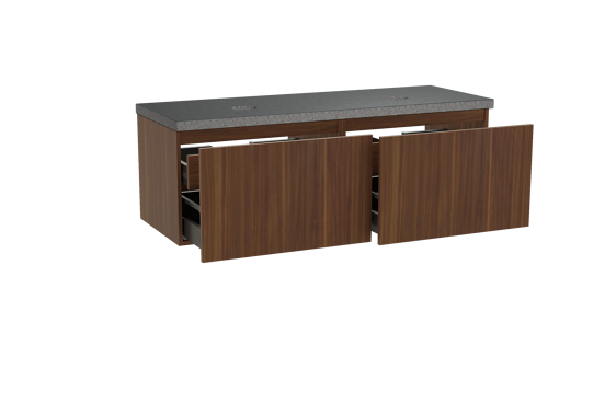 Balmani Sfera hängendes Möbelstück Set: 150 x 55 cm, Amerikanischer Nussbaum, mit Rock Doppel Waschtischplatte, Schwarzes Granit