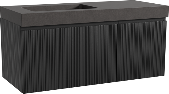 Storke Ribs meuble salle de bains suspendu 120 x 52 cm chêne noir avec Scuro High vasque asymétrique gauche en quartz noir mat, Nervure droite asymétrique verticale