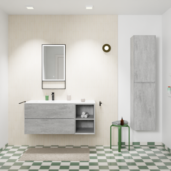 Storke Edge meuble salle de bains suspendu 120 x 52 cm béton gris foncé avec Mata plan vasque asymétrique à gauche en solid surface blanc mat