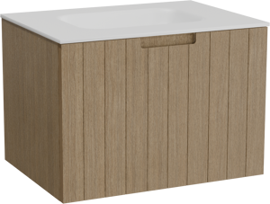 Balmani Adagio zwevend badkamermeubel 75 x 55 cm verweerde eik met Tablo Arcato enkele wastafel in solid surface mat wit