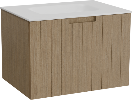 Balmani Adagio hängendes Möbelstück Set: 75 x 55 cm, Verwitterte Eiche, mit Tablo Arcato Einzelwaschtisch, Solid Surface Weiß matt