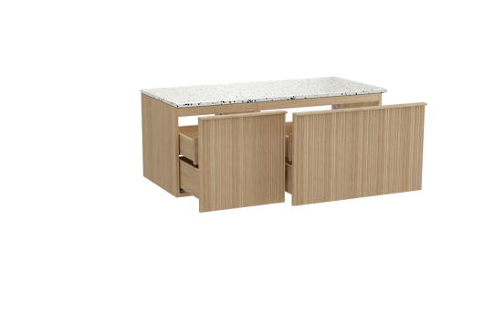 Balmani Forma zwevend badkamermeubel 120 x 55 cm natuur eik met Stretto enkel of dubbel tablet in mat wit/zwart terrazzo, Verticale asymmetrische ronde ribbel