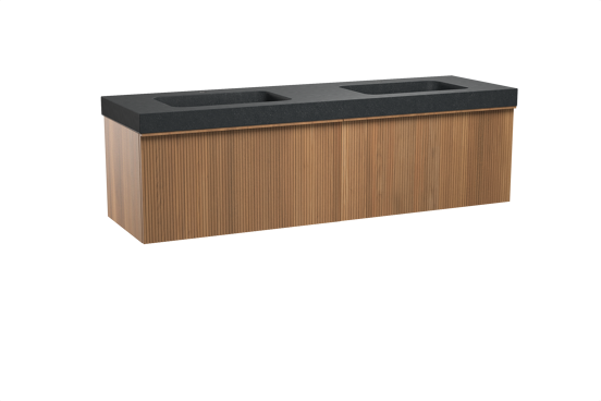 Balmani Forma hängendes Möbelstück Set: 180 x 55 cm, Teak, mit Napoli Doppelwaschtisch, Granit, Schwarzes Granit, Vertikale symmetrische gerade Rippe