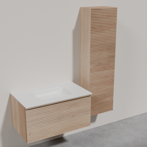 Balmani Forma meuble salle de bains suspendu nervure horizontale 90 x 55 cm chêne naturel avec Tablo Arcato plan simple en solid surface blanc mat et Forma colonne salle de bains