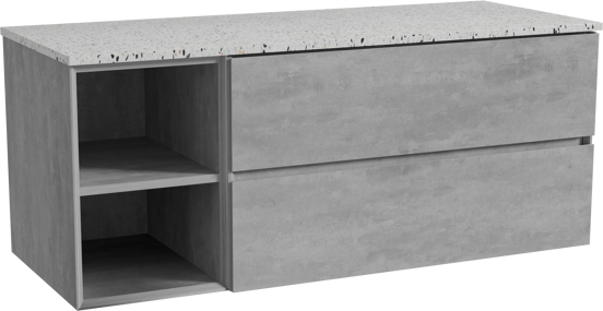 Storke Edge hängendes Möbelstück Set: 130 x 52 cm, Beton dunkelgrau, mit Tavola Einzel- oder Doppel Waschtischplatte, Terrazzo in Weiß/Schwarz matt