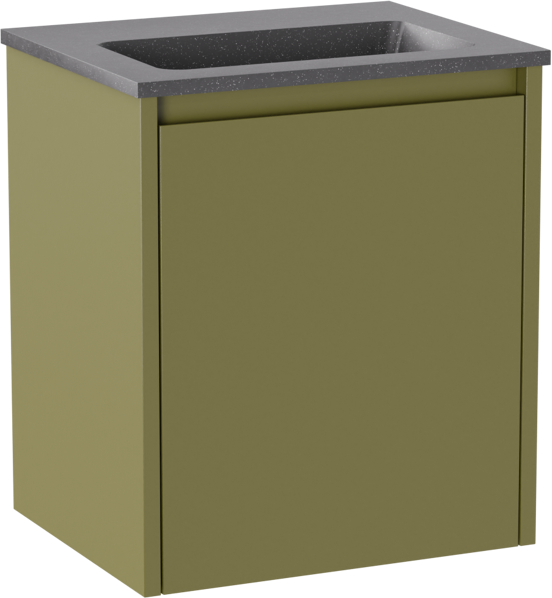 Storke Seda meuble salle de bains suspendu 45 x 35 cm vert olive avec Scuro plan simple en Quartz noir mat