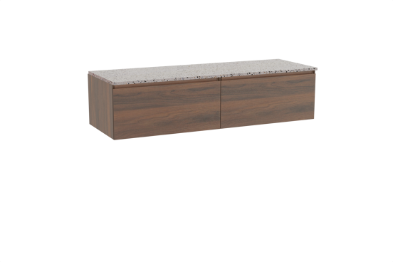Storke Edge meuble salle de bains suspendu 150 x 52 cm noyer avec Tavola tablette simple ou double en blanc/noir mat terrazzo