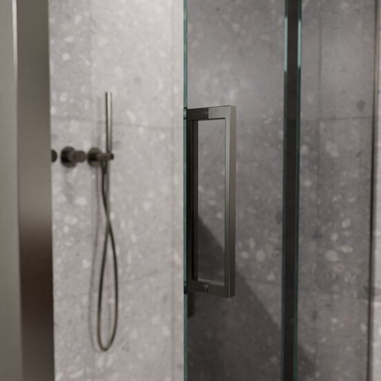 Balmani Senses Design douche en coin avec porte coulissante à droite et paroi latérale fixe, 120 x 90 cm, Miroir Reflex, Profil Brushed GunMetal
