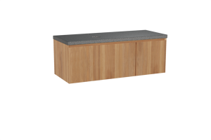 Balmani Idra zwevend badkamermeubel 135 x 55 cm teak met Rock asymmetrisch rechtse wastafel in graniet zwart