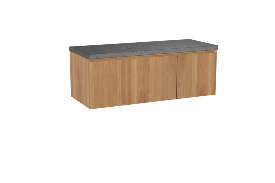 Balmani Idra zwevend badkamermeubel 135 x 55 cm teak met Rock asymmetrisch rechtse wastafel in graniet zwart